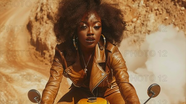 Confident woman in a stylish leather jacket sitting on a motorcycle, AI generated