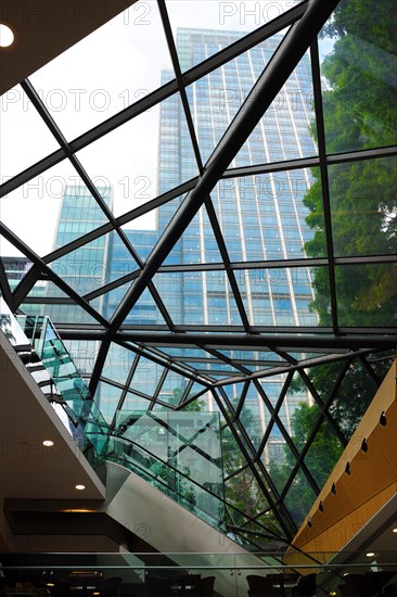 View through a glass building to the skyskyscrapers and trees, Modern Architecture, Canary Wharf,