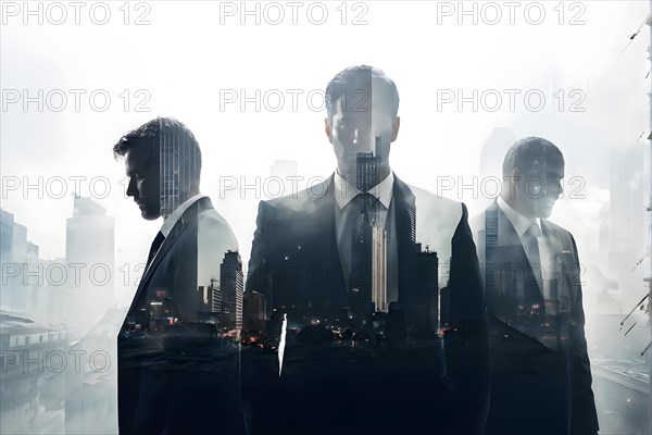 Silhouette of a group of businessman against a backdrop double exposure that reveals a destroyed