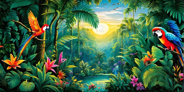 AI generated illustration of an enchanted fairy tale jungle inhabited by magical fantasy animals in