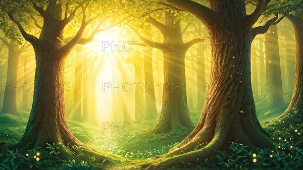 AI generated enchanted forest illustration intertwining trees aglow with magical light