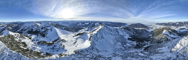 Winter, Alpine panorama with Aiplspitz, Schliersee and Mangfall mountains, Bavarian Prealps,