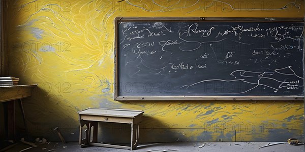 Marble textured yellow and dark grey chalkboard as illustration background, AI generated