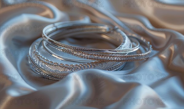Set of silver bracelets arranged on a satin material background AI generated
