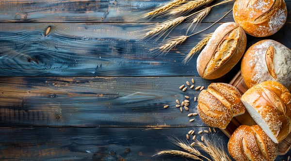 Variety of fresh loaf of bread and wheat on a rustic table with a lot of copy space, AI generated