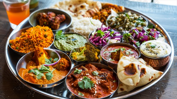 A traditional Indian thali filled with a variety of colorful, spiced dishes, AI generated