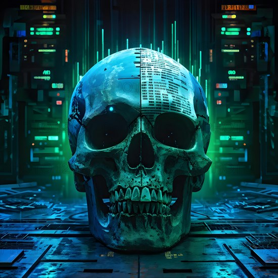 Broken skull with a cascade of binary digits forming a tidal wave stream, AI generated