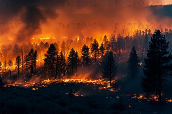 View of a forest fire is raging through a forest, with smoke and flames visible in the air. The