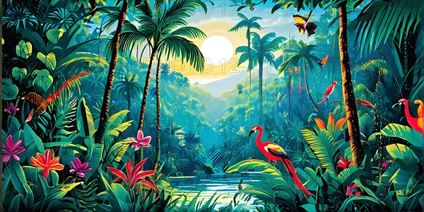 AI generated illustration of an enchanted fairy tale jungle inhabited by magical fantasy animals in