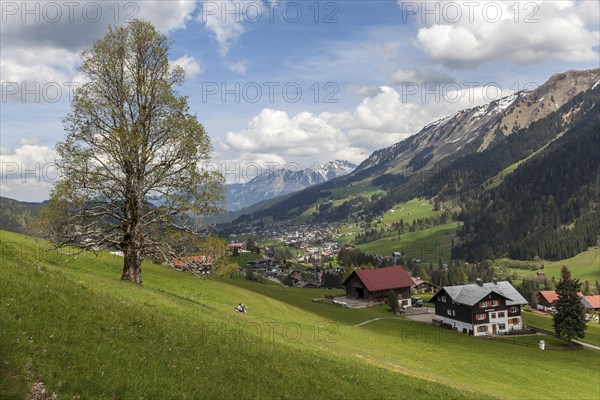 View of Riezlern, back mountains of the Allgaeu Alps, Kleinwalsertal, Vorarlberg, Austria, Europe