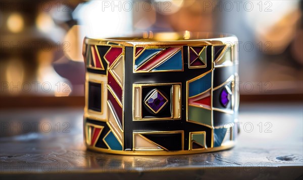 A bold statement cuff bracelet featuring geometric patterns and semi-precious stones AI generated