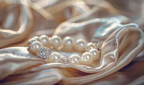 A pearl bracelet adorned with intricate charms resting on a luxurious satin material background AI