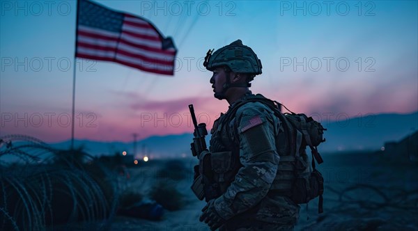 American patriot soldier stand in front of the flag. Concept of fighting for freedom and democracy,