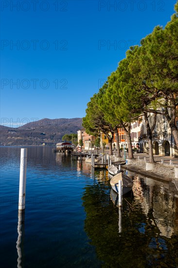 Old Beautiful Town with Building and Trees on the Waterfront on Lake Lugano with Boat in a Sunny