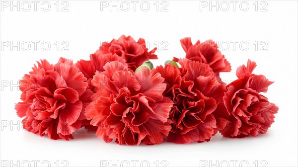 A lush bunch of red carnations with ruffled petals against a white background, AI generated
