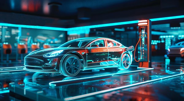 Electric car charging the battery from the electric charger, AI generated