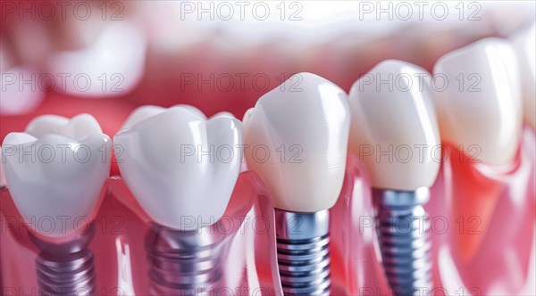 A close up of a titanium modern dental implant teeth with a silver implant screw, AI generated