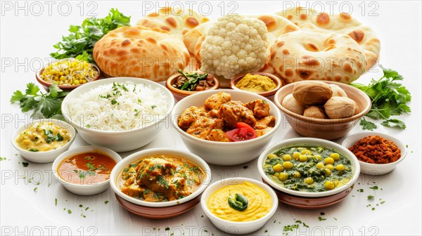 A diverse spread of Indian cuisine with rice, naan, and multiple vegetarian dishes, AI generated