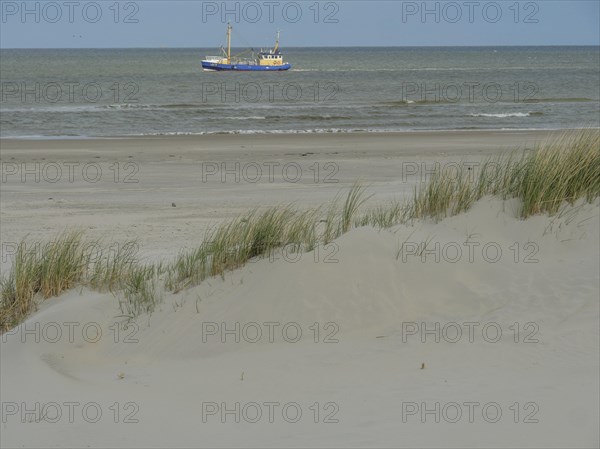 Blue boat in the sea behind sand dunes with reeds in calm weather, dunes by the sea with clouds in