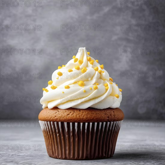 Cupcake with swirls of buttercream frosting in vanilla against grey background, AI generated