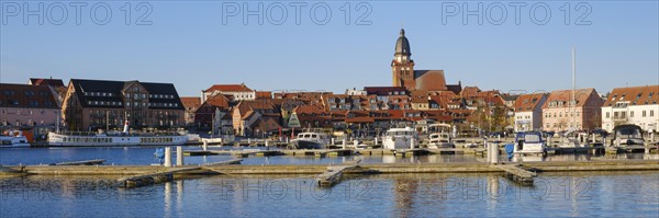 Town panorama with town harbour on Lake Mueritz, St. Mary's Church, Waren, Mueritz, Mecklenburg