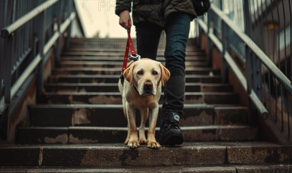 A guide dog assisting its owner in navigating through a crowded train station AI generated