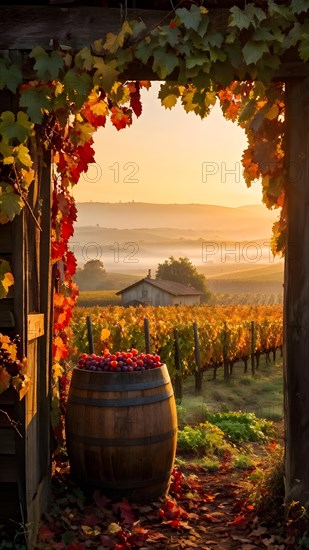 Rustic vineyard cottage nestled in a canopy of vines leaves showcasing autumns color palette in the