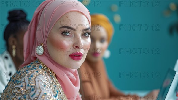 An elegant woman in a hijab sits at a desk in an office, looking empowered, ai generated, AI