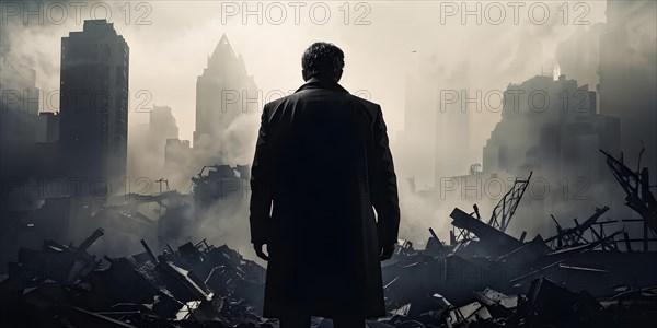 Silhouette of a businessman against a backdrop double exposure that reveals a destroyed cityscape,