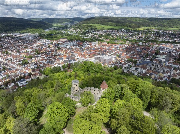 Aerial view of the Honburg castle ruins on the Honberg with the town of Tuttlingen, district of