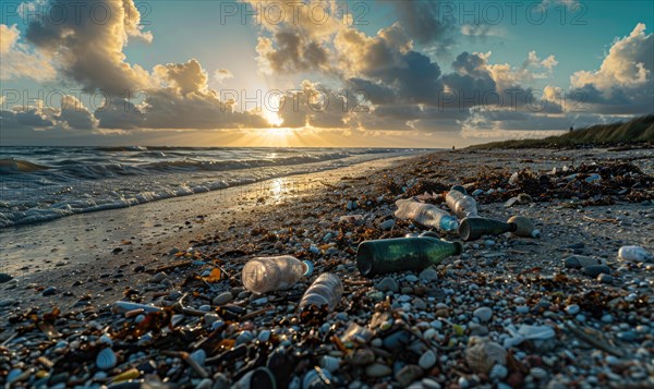 Beach littered with plastic bottles and garbage, ecological problems AI generated