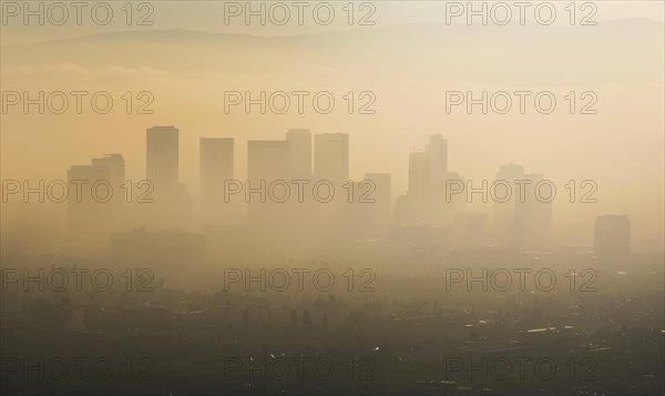 Urban landscape shrouded in smog with tall buildings barely visible AI generated