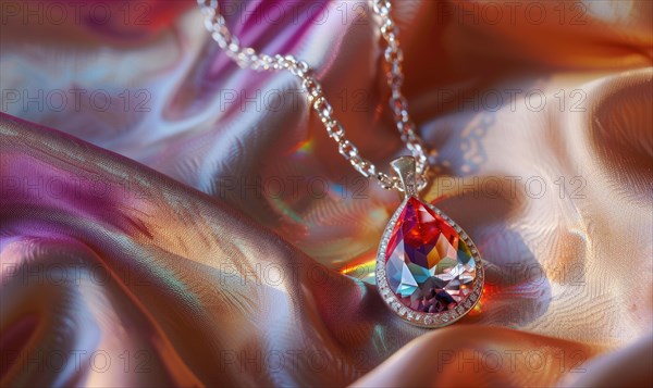 A stunning gemstone pendant suspended on a delicate chain against a backdrop of silky satin