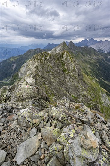 Mountain landscape with rocky ridge at the summit of the Raudenspitze or Monte Fleons, mountain