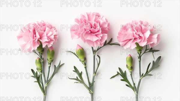 Three pink carnations with buds, arranged horizontally against a white background, AI generated