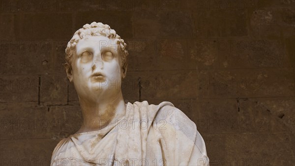 Close-up of an ancient marble statue with curly hair, 2nd century BC statue, courtyard, Grand