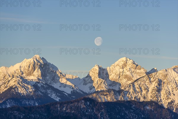 Allgaeu Alps, view from Hegratsrieder See, snow, dawn, moon, Allgaeu, Bavaria, Germany, Europe