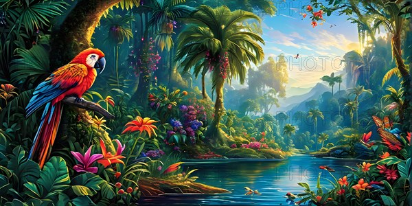 AI generated illustration of an enchanted fairy tale jungle inhabited by magical fantasy animals in