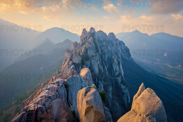 View of stones and rock formations from Ulsanbawi rock peak on sunset. Seoraksan National Park,
