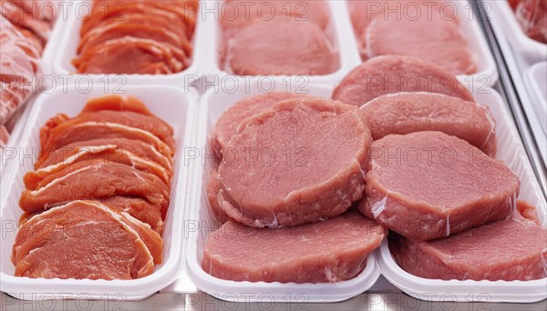 Meat, raw pork, schnitzel, in a display of a butcher's shop, AI generated, AI generated
