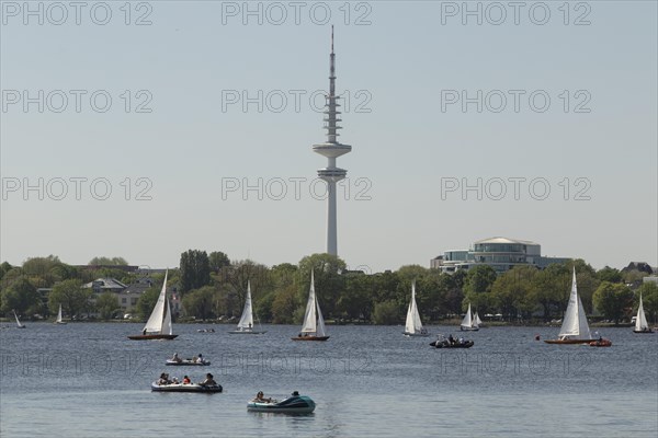 Symbolic picture weather, leisure activity, summer spring, sailing boats, pedal boats and