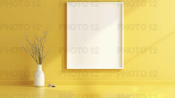 Empty frame on a yellow wall with a vase and flowers on the left, sunlight creating shadows, AI