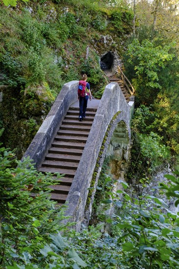Hikers on the Devil's Bridge on the Danube, Inzigkofen Princely Park near Sigmaringen, Upper Danube
