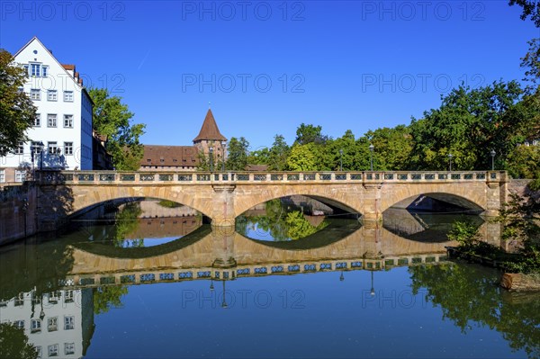 From the Henkersteg to the Maxbruecke, and the Schlayer Tower on the Pegnitz, Nuremberg, Middle