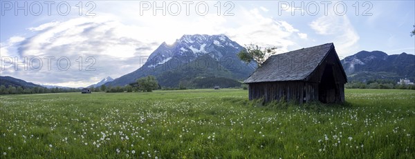 Evening mood, hay barn in a meadow, Grimming, panoramic shot, near Irdning, Ennstal, Styria,