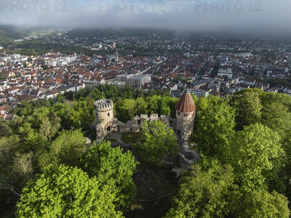 Aerial view of the Honburg castle ruins on the Honberg with the town of Tuttlingen, district of