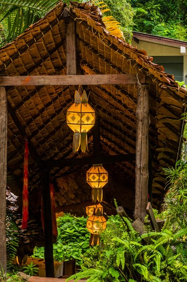 Beautiful oriental lanterns hanging under covered walkway surrounded by lush green foliage in