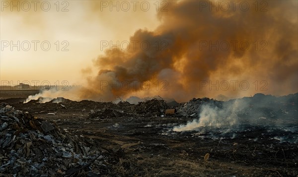 Smoke rising from a burning landfill, air pollution AI generated
