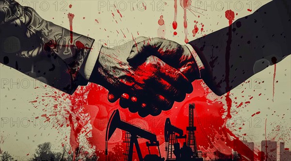 Two men shaking hands with red blood on their hands. Concept of corporate greed and oil industry,