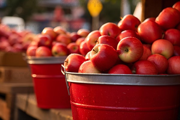 Baskets with red apples at market, AI generated